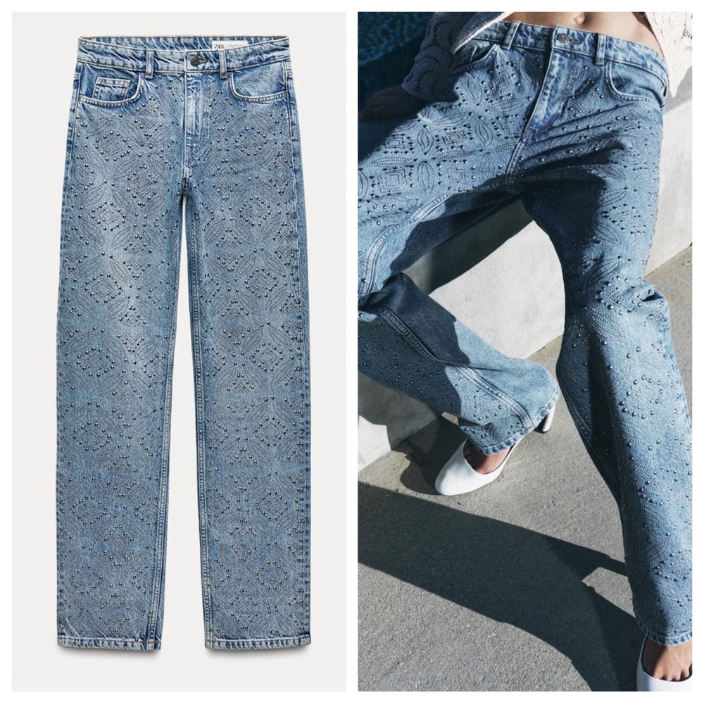 Zara ZW Collection Straight Mid-Waist Studded Denim Blue Jeans 2